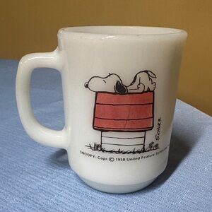 Snoopy Anchor Hocking Fire King 1958 Coffee Mug I Think I'm Allergic to Morning